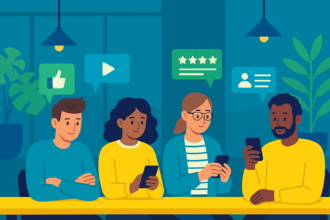 A cartoon image of four people wearing blue and yellow shirts on their smartphones. Above their heads are speech bubbles that signify online activity, such as a thumbs-up emoji, a play button, a 4-star review, and a profile emoji.